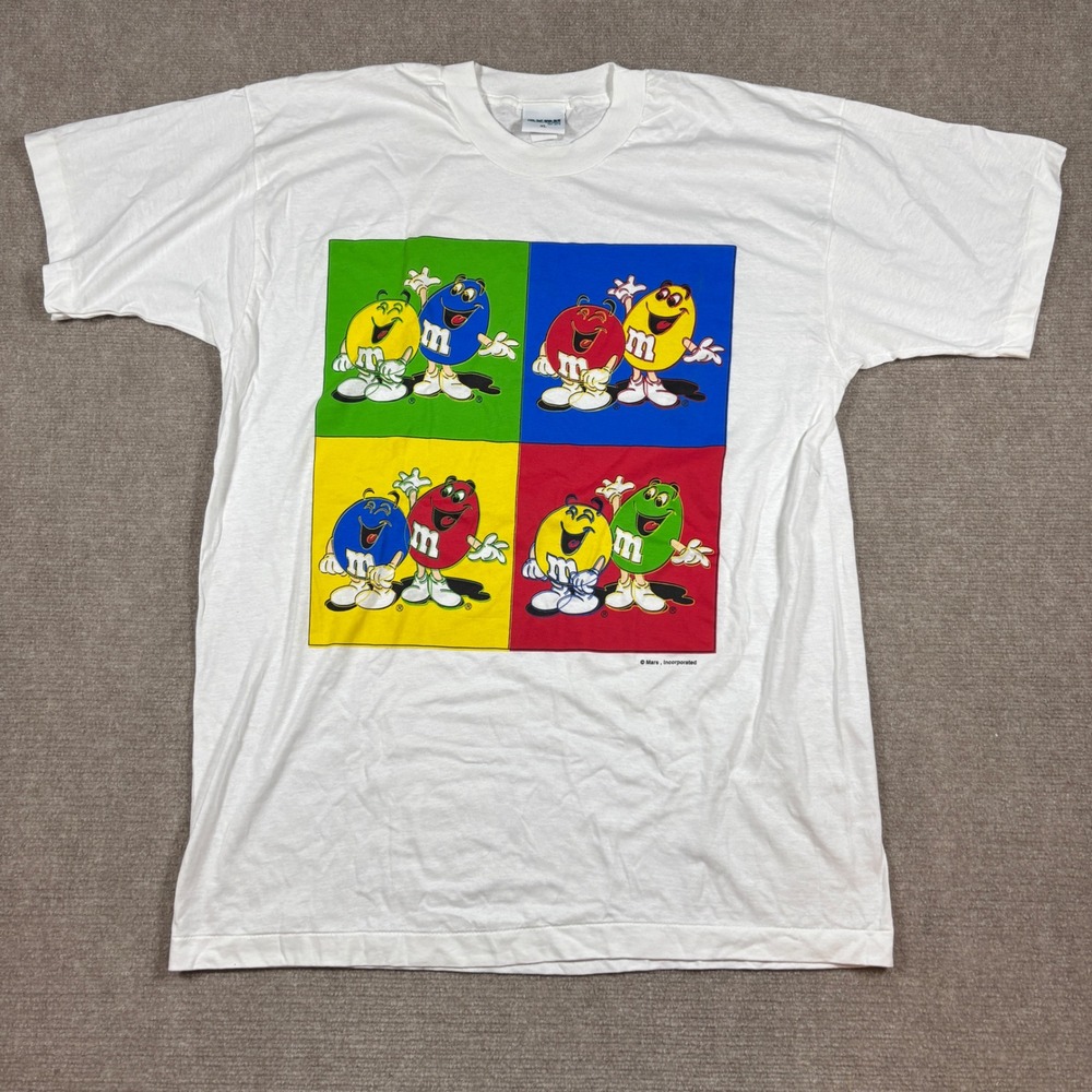 Vintage 90s White Single Stitch Pop Art M&Ms Candy Colorful Graphic Shirt Sz XL
